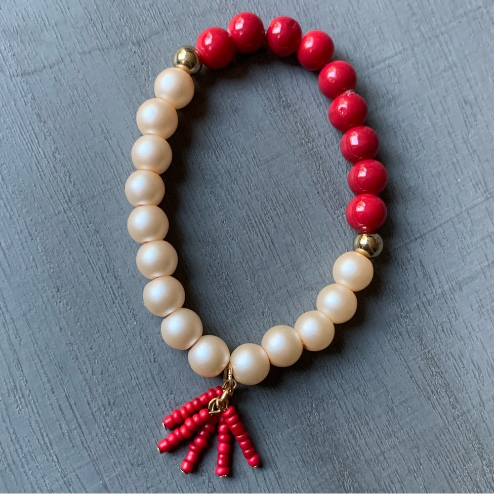 {Handmade} Faux Pearl and Red Bead Bracelet with Tassel
